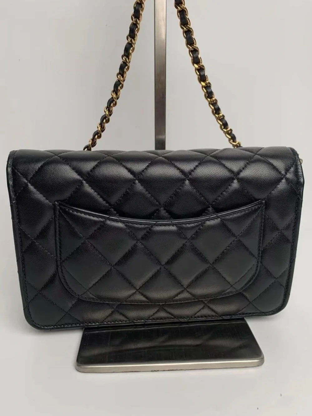 CHANEL Black Quilted Leather Wallet-on-Chain with Gold Hardware